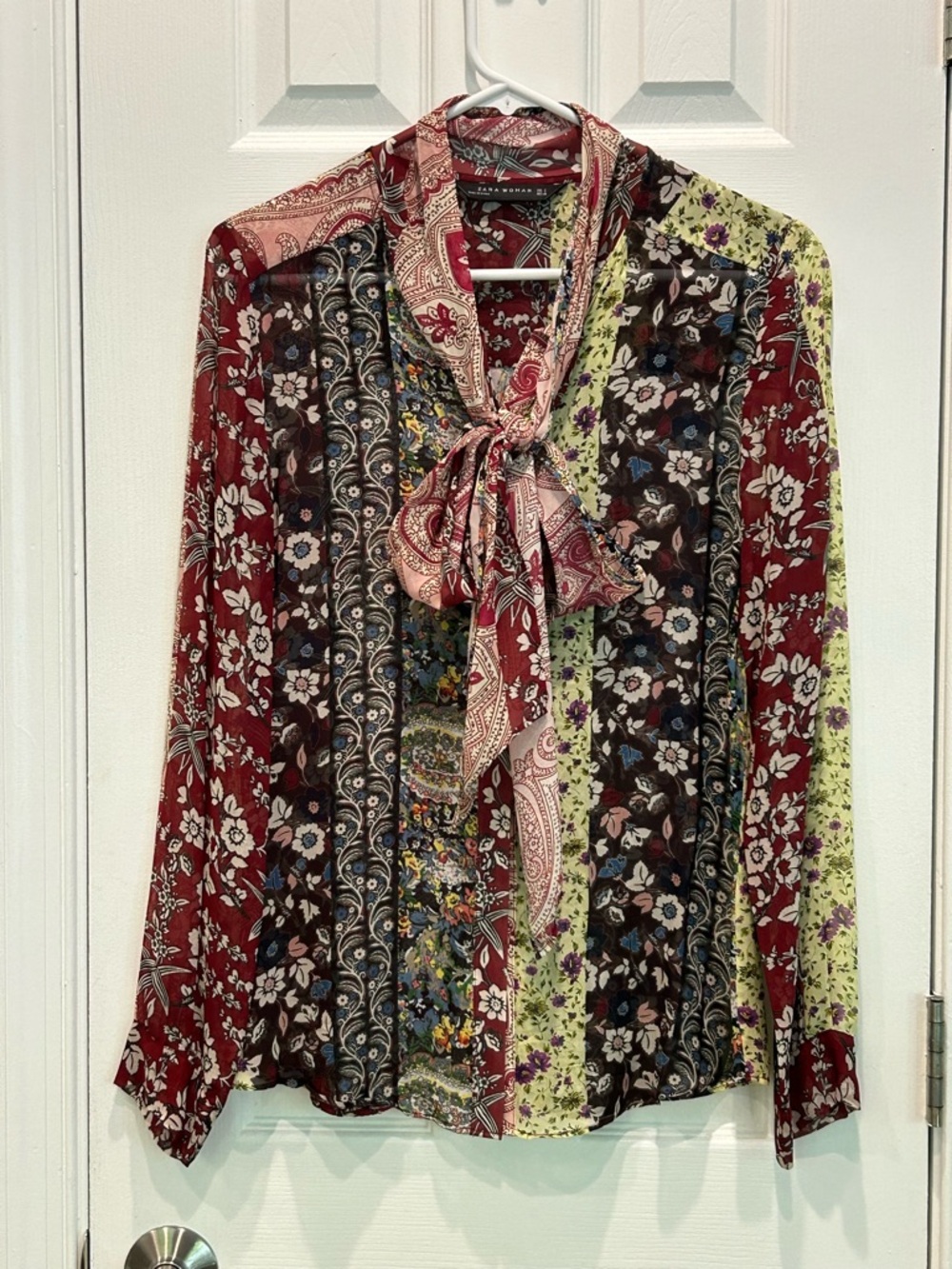 Zara Sheer Flowy Tie-Neck Floral Paisley Boho Blouse Multicolor
